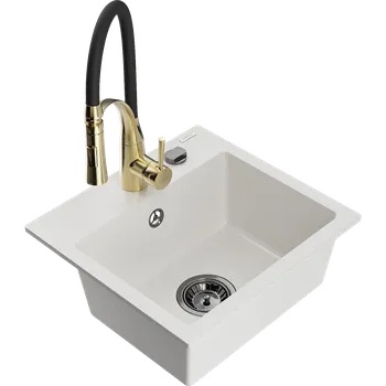 Granitový dřez Mexen Milo granitový dřez 1-komorový s kuchyňskou baterií Aster, bílý - 6505-20-73450-57-B Granitové dřezy s baterií