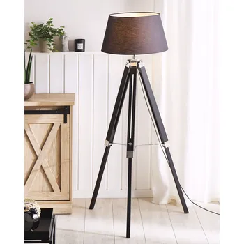Stojací lampa Stojací lampa černé dřevo 143 cm látkové stínítko třínohý dřevěný stativ výškově nastavitelný dlouhý kabel s vypínačem Moderní design Beliani