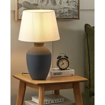 Lampička Stolní lampa šedá keramický podstavec lanové stínidlo ve tvaru bubnu minimalistický design Beliani