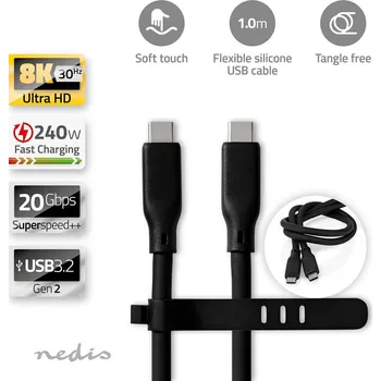 Mobilní telefon NEDIS USB kabel | USB 3.2 Gen 2 | USB-C™ Zástrčka | USB-C™ Zástrčka | 240 W | 8K@30Hz | 20 Gbps | Poniklované | 1.00 m | Kulatý | Silikonový | Černá | Box