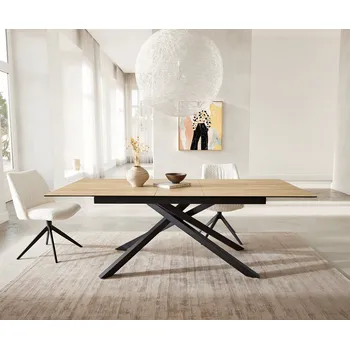 Jídelní stůl DELIFE Jídelní stůl Edge 180-220x100 keramika Laminam® Sabbia dubová barva křížová podnož obdélníkový černý rozkládací