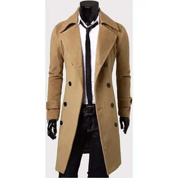 Pánský zimní kabát Pánský vlněný kabát dvouřadý Barva: Khaki, Velikost: M