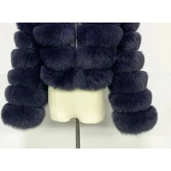 Dámský kožich Dámský crop kožich s kapucí Barva: Tmavě Modrá, Velikost: S