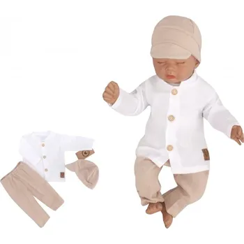 Kojenecká souprava Elegantní mušelínová 3D sada - košile, kalhoty + čepice, 3D sada, bílá/písková, Velikost koj. oblečení 62 (2-3m)