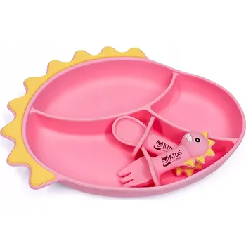 Talíř Silikonová přísavka BLW talířek pro dítě DINOZAUR a příbor - růžový