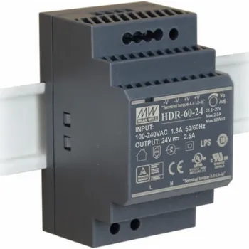 spínaný zdroj MEANWELL - HDR-60-24 - Průmyslový napájecí spínaný zdroj 24V 60W na DIN