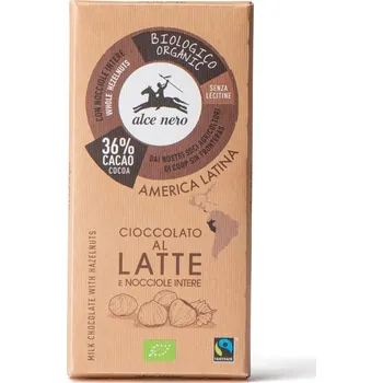 Čokoláda Alce Nero BIO Mléčná čokoláda 36% s lískovými oříšky, Fairtrade, Bezlepková, 100 g
