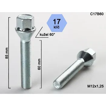 Šroub Kolový šroub M12x1,25x60mm, dosedací plocha kužel, klíč 17, pozink (Šroub na kola)