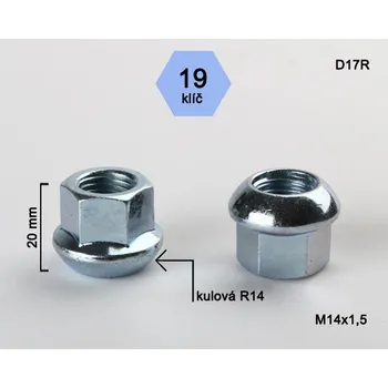 Matice na kolo Kolová matice M14x1,5mm, dosedací plocha koule R14, otevřená, klíč 19, pozink (Matice na kola)