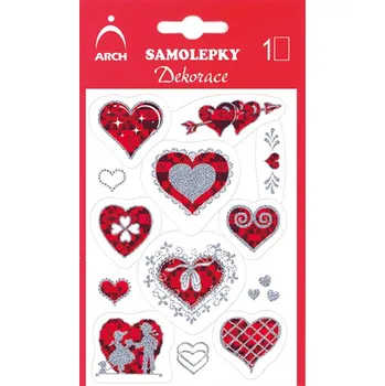 samolepka Srdíčka červená se stříbrnými glitry 10 x 17cm