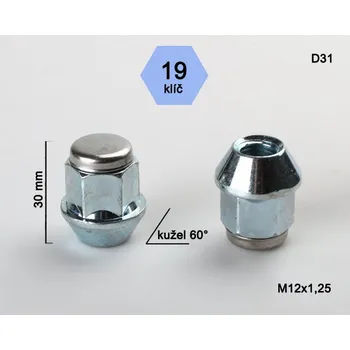 Matice na kolo Kolová matice M12x1,25mm, dosedací plocha kužel, nerez víčko, klíč 19, pozink (Matice na kola)