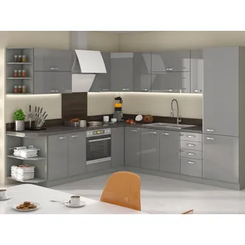 Kuchyňská linka Kuchyně AVERNA 260x270 cm, korpus: platinově šedá, dvířka: šedý lesk + vyzvednutí ZDARMA