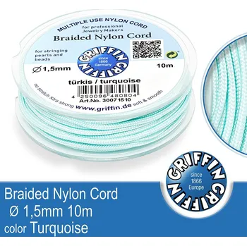 Nit Braided NYLON (splétaná nit na náramky) GRIFFIN síla nitě 1,5mm cívka 10m. Barva Turquoise