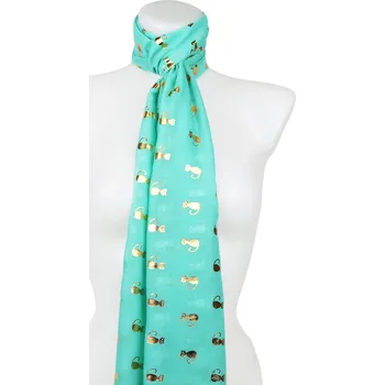 Šátek Dámský lehký obdélníkový šál 345-1 se zlatým potiskem koček, tyrkysové barvy 7200627-1
