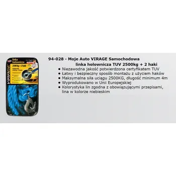 Vlečné lano 2500kg + karabiny, TUV 2500 VIRAGE, AMTRA, 94-028