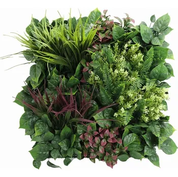 umělá květina MALÁ ZELENÁ STĚNA bohatý mix rostlin, dílec 50 x 50 cm (Hustá realistická malá zelená stěna rich mix of plants , dílec 50 x 50 cm)