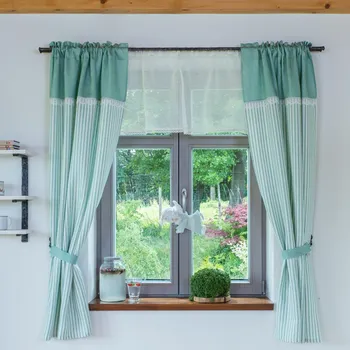 Závěs Na-lnu.cz Lněné závěsy kepr zelené Basil melange a střídavé proužky s krajkou Rozměr (šířka/výška): 2x závěs 100/160cm