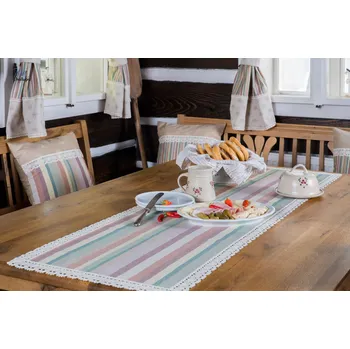 ubrus Běhoun z kanafasu podzimní pruhy s širokou krajkou Běhoun rozměr: 45x150cm