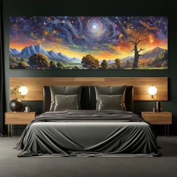 Obraz Obraz na plátně - Krajina s magickou noční oblohou FeelHappy.cz Velikost obrazu (šířka x výška): 150 x 50 cm