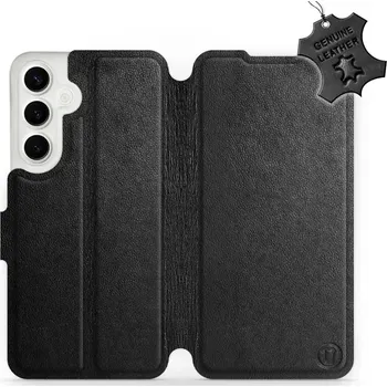 Pouzdro na mobilní telefon Kožené flip pouzdro Mobiwear - Samsung Galaxy S24 Plus - Černé (Kožené knížkové pouzdro, obal, kryt na mobil Samsung Galaxy S24 Plus, Černé, materiál Genuine Leather, ochrana 360°, stojánek, silikonová vanička, magnetické zavírání)