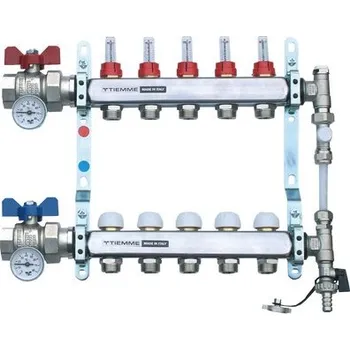 rozdělovač topení TIEMME NEREZ 5 okruhový plně osazený rozdělovač s by-passem a s průtokoměry, přímý