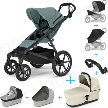 Kočárek Set 7v1 Thule Urban Glide 4-wheel Mid blue 2024 + pláštěnka + ochranná síť + madlo + korbička Soft beige + pláštěnka + ochranná síť na korbičku