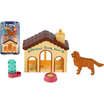 Teddies Pejskové/Pes 3ks s domečkem/boudou plast s doplňky na kartě 15x25x5cm