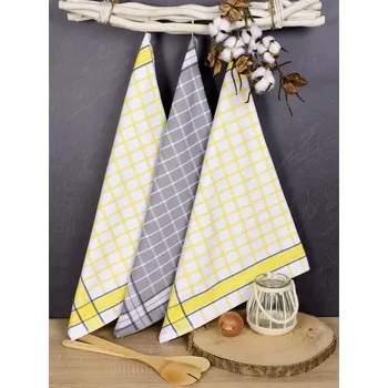 Kuchyňské utěrky EGYPTSKÁ BAVLNA FEMI, žluto-šedá kostka, 3 kusy, 50x70cm