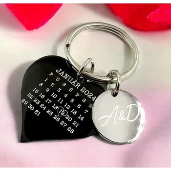 KLÍČENKA DUO S GRAVÍROVÁNÍM - SRDCE 3cm černé + KRUH 1,6cm
