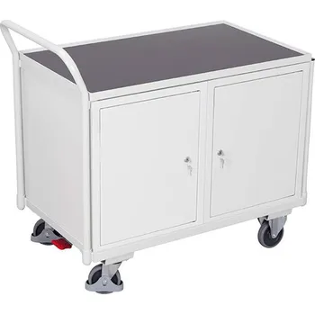 Dílenský vozík VARIOfit, horní madlo, pracovní plocha 985 x 590 mm, 2 skříňky, barva šedá RAL7035 /deska šedá