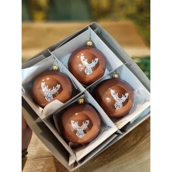 Vánoční koule TETRAO lesklá koňaková - jelen 10 cm, 4ks