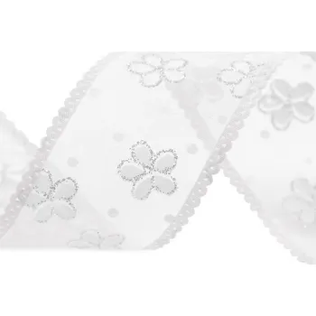Organzová stuha s květy a glitry šíře 40 mm, barva 1 bílá