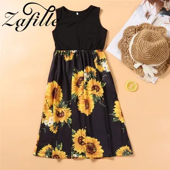 Dámské tričko Čína Letní dlouhé šaty pro mámu a dceru se slunečnicemi Barva: žluto - černá, Velikost: L - dívčí