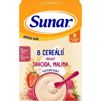 Dětská výživa Sunar mléčná kaše s 8 cereáliemi jahoda, malina&nbsp;210g