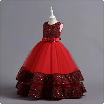 Dámské šaty Čína Elegantní dívčí večerní (společenské) šaty s flitry Barva: Červená, Velikost: 120 (6-7 let)