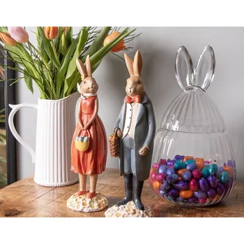 Bytová dekorace Dekorace králík v modrém kabátku a mrkvemi - 10*9*34 cm