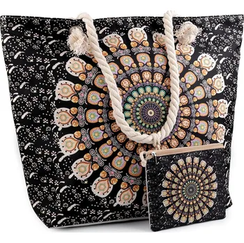 Letní / plážová taška mandala, paisley s taštičkou 39x50 cm, barva 8 černá hořčicová