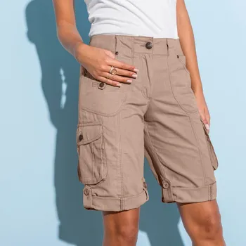 Dámské kraťasy Bermudy s kapsami a nohavicemi na ohrnutí hnědošedá světlá 46