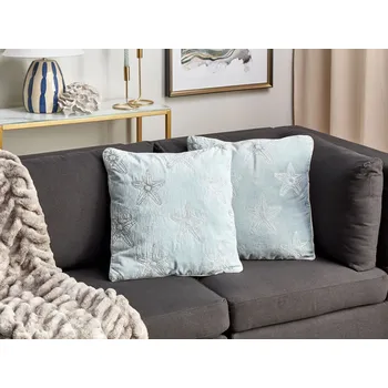 Bytový textil Sada 2 dekorativních polštářů modrý samet 45 x 45 cm mořský motiv mořská hvězdice čtvercový vzor polyesterová výplň doplňky Beliani