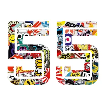 Polep vozidla Startovní číslo 55 typ 7 (83 - Sticker bomb) SAMOLEPKA NA AUTO, NÁLEPKA, FÓLIE, POLEP, TUNING, VLASTNÍ TEXT, TISK, AUTOSAMOLEPKY.cz, POLEPY, OBRÁZEK, LOGO, 3D STICKERS