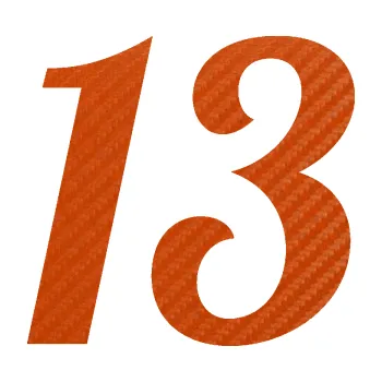 Polep vozidla SAMOLEPKA Startovní číslo 13 typ 3 (54 - 3D karbon oranžový) NA AUTO, NÁLEPKA, FÓLIE, POLEP, TUNING, VLASTNÍ TEXT, TISK, AUTOSAMOLEPKY.cz, POLEPY, OBRÁZEK, LOGO, SAMOLEPKY
