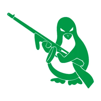 Samolepící dekorace Tučňák se samopalem levá (12 - zelená) SAMOLEPKA NA AUTO, NÁLEPKA, FÓLIE, POLEP, TUNING, VLASTNÍ TEXT, TISK, AUTOSAMOLEPKY.cz, POLEPY, OBRÁZEK, LOGO, 3D STICKERS