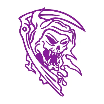 Samolepicí dekorace na vozidlo Smrtková pravá s kosou (14 - fialová) SAMOLEPKA NA AUTO, NÁLEPKA, FÓLIE, POLEP, TUNING, VLASTNÍ TEXT, TISK, AUTOSAMOLEPKY.cz, POLEPY, OBRÁZEK, LOGO, 3D STICKERS