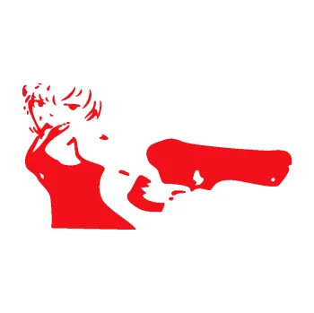 Samolepící dekorace SAMOLEPKA Žena s pistolí pravá (10 - červená) NA AUTO, NÁLEPKA, FÓLIE, POLEP, TUNING, VLASTNÍ TEXT, TISK, AUTOSAMOLEPKY.cz, POLEPY, OBRÁZEK, LOGO, SAMOLEPKY