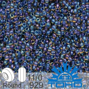 Korálek Korálky TOHO tvar ROUND (kulaté). Velikost 11/0. Barva č.929-Inside-Color Rainbow Lt Yellow/Capri Lined . Balení 8g.