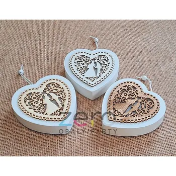 Svatební dekorace Srdce dřevěné LED svíticí závěsné 11x12 cm - svatební (mix)