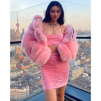 Dámský kožich Krátký kožich chlupatý s kapucí a dlouhým rukávem Barva: Růžová, Velikost: 4XL