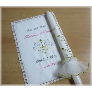 rouška Křestní sada 3D vyšívaná rouška s krajkou, svíce, ozdoba - vzor 46 kříž