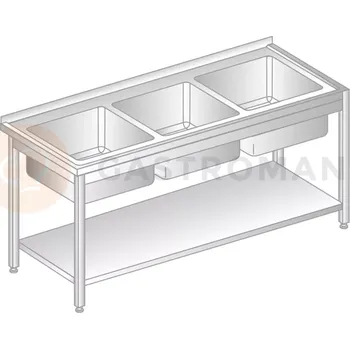 Nerezový dřez Stůl přístěnný z nerezové oceli s 3 dřezy a poličkou 1600x700x850 mm | DORA METAL, DM-3227