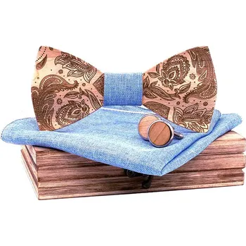 Dřevěný motýlek 3D s kapesníčkem a manžetovými knoflíčky T262-C6